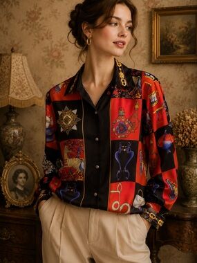 Red & Black Vintage-Inspired Printed Satin Button-Up Blouse size M-L
